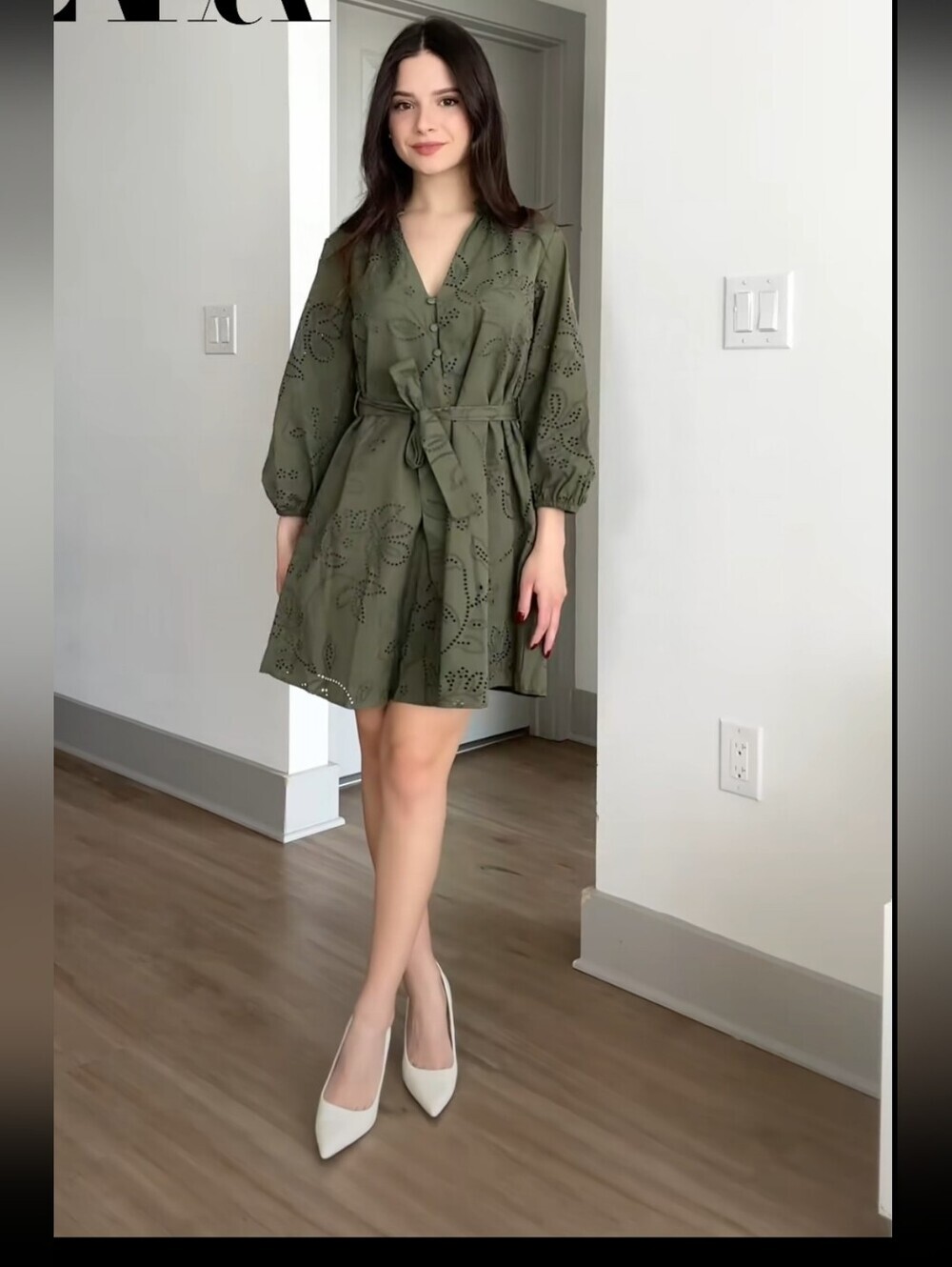 NWT ZARA Khaki Green Rubberized Openwork Eyelet Mini Dress (Viral Style!) Size L